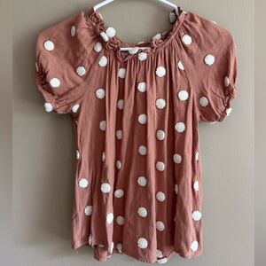 MINE Kids Fall Short Puff Sleeve Brown/Pink Shirt with White Fuzzy Polka Dots